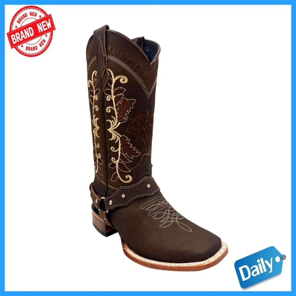 Genuine Leather Western Boots Square Toe Low Heel Fashion Cowboy Chic